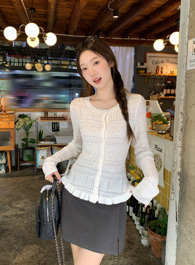 白色圆领勾花镂空长袖针织开衫女2025秋季新款修身显瘦薄款上衣