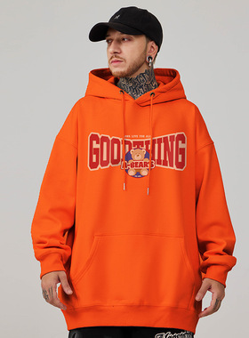 橙色oversize港风连帽卫衣胖子男生外套潮牌大码男装春秋冬款加绒