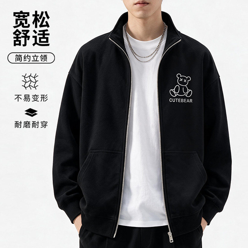 美式潮牌胖子拉链夹克卫衣男春秋宽松外套2026潮流加肥加大码上衣