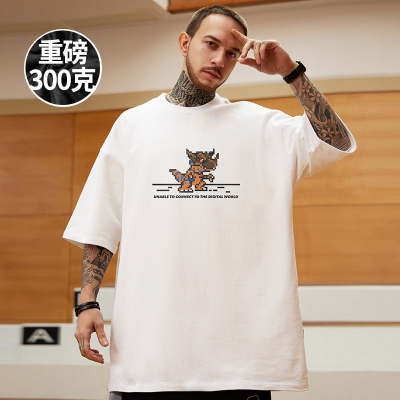 摩严重磅潮牌夏季卡通大码半袖男日系宽松纯棉打底白色短袖T恤潮