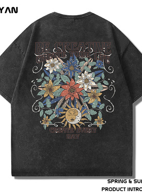 美式重磅水洗做旧油画复古嘻哈街头oversize加肥加大码短袖t恤男