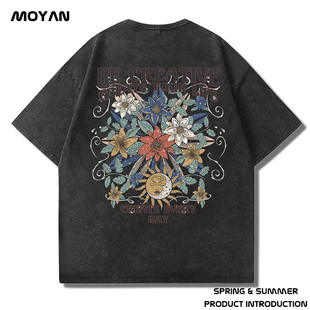 美式重磅水洗做旧油画复古嘻哈街头oversize加肥加大码短袖t恤男