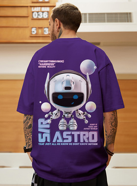 国潮牌加肥加大宽松T恤纯棉胖子紫色半袖大码男短袖五分袖夏体恤