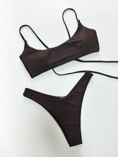 纯色丁字裤 bikini 分体泳衣沙滩显瘦绑带比基尼欧美性感辣妹泳装