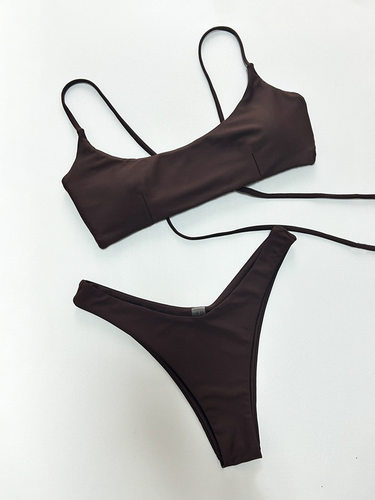 纯色丁字裤分体泳衣沙滩显瘦绑带比基尼欧美性感辣妹泳装bikini