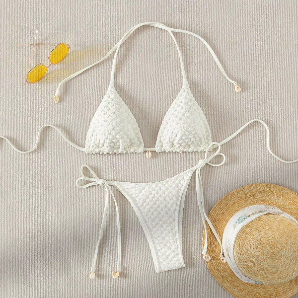 系带挂脖三点式比基尼贝壳装饰白色分体泳衣纯色温泉泳装bikini