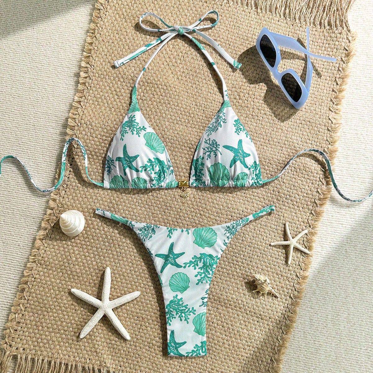 三点式印花比基尼欧美ins辣妹泳装度假丁字裤分体泳衣沙滩bikini