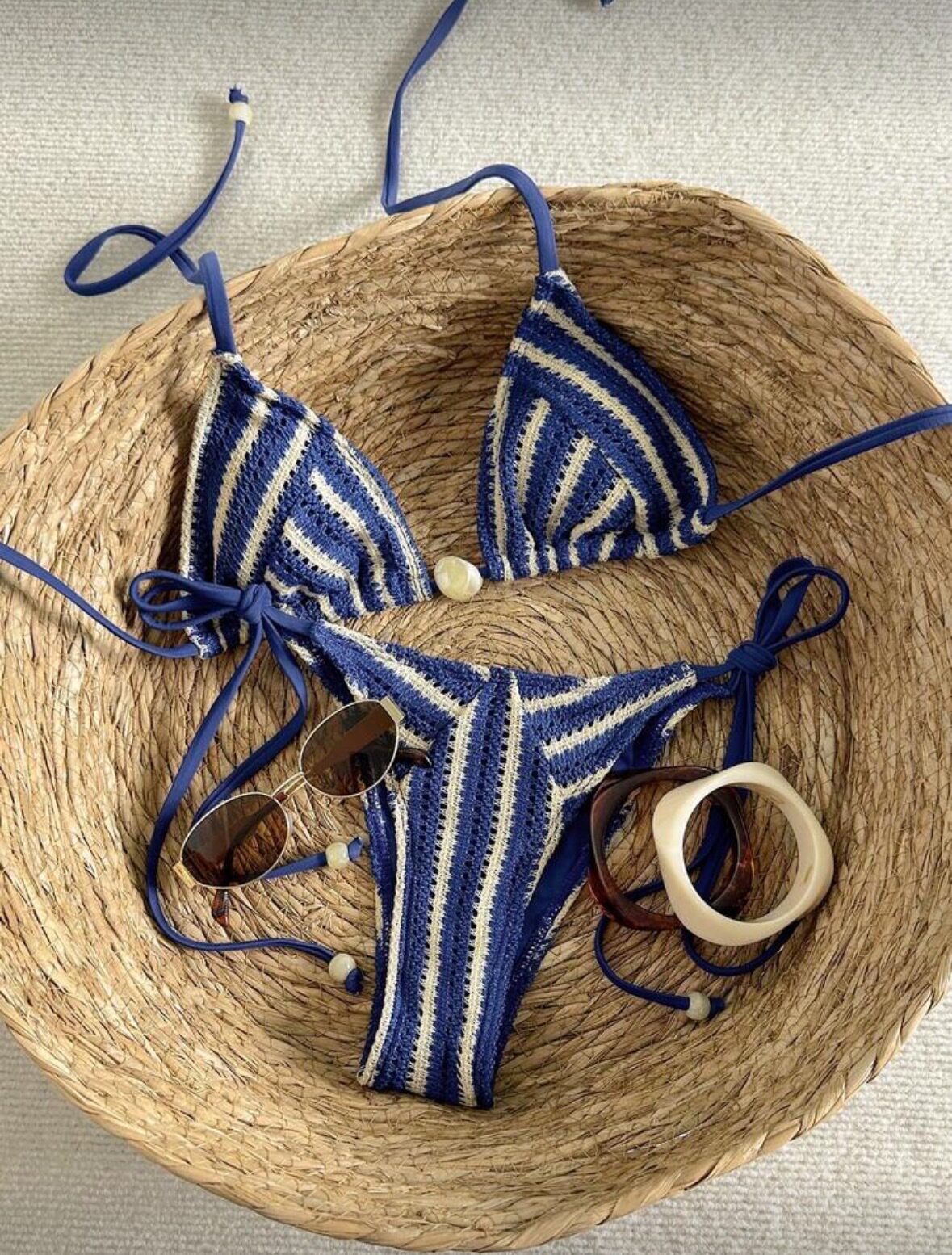 复古条纹分体比基尼纯欲性感绑带小胸聚拢三亚度假沙滩泳衣bikini