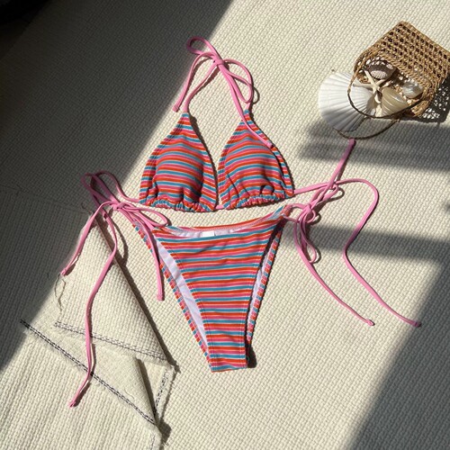 条纹多巴胺比基尼系带挂脖三角杯分体泳衣小清洗泳装温泉bikini
