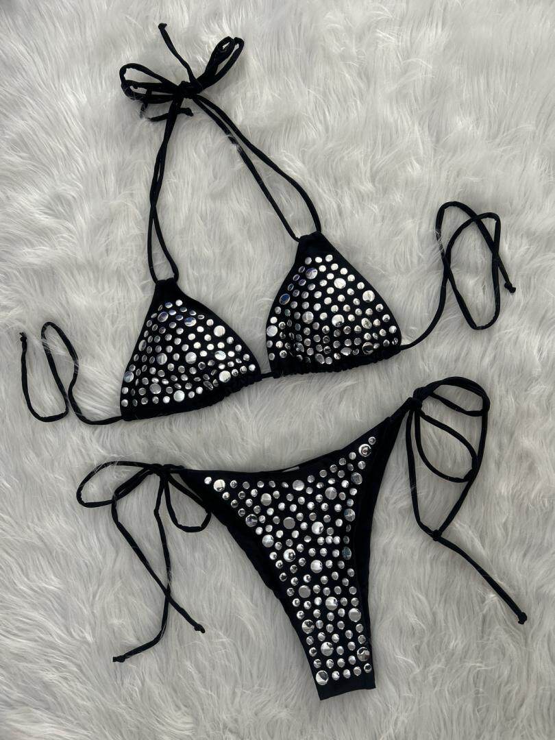 欧美辣妹比基尼可调节系带三点式比基尼沙滩显瘦朋克泳装bikini