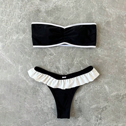 黑白撞色抹胸比基尼性感辣妹丁字裤分体泳衣纯欲风辣妹泳装bikini