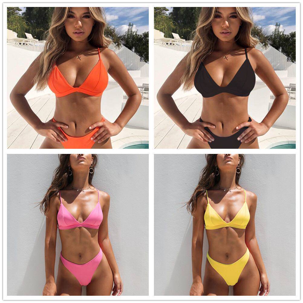 2019分体比基尼泳衣纯色新款女bikini带胸垫泳衣欧美性感多色泳装