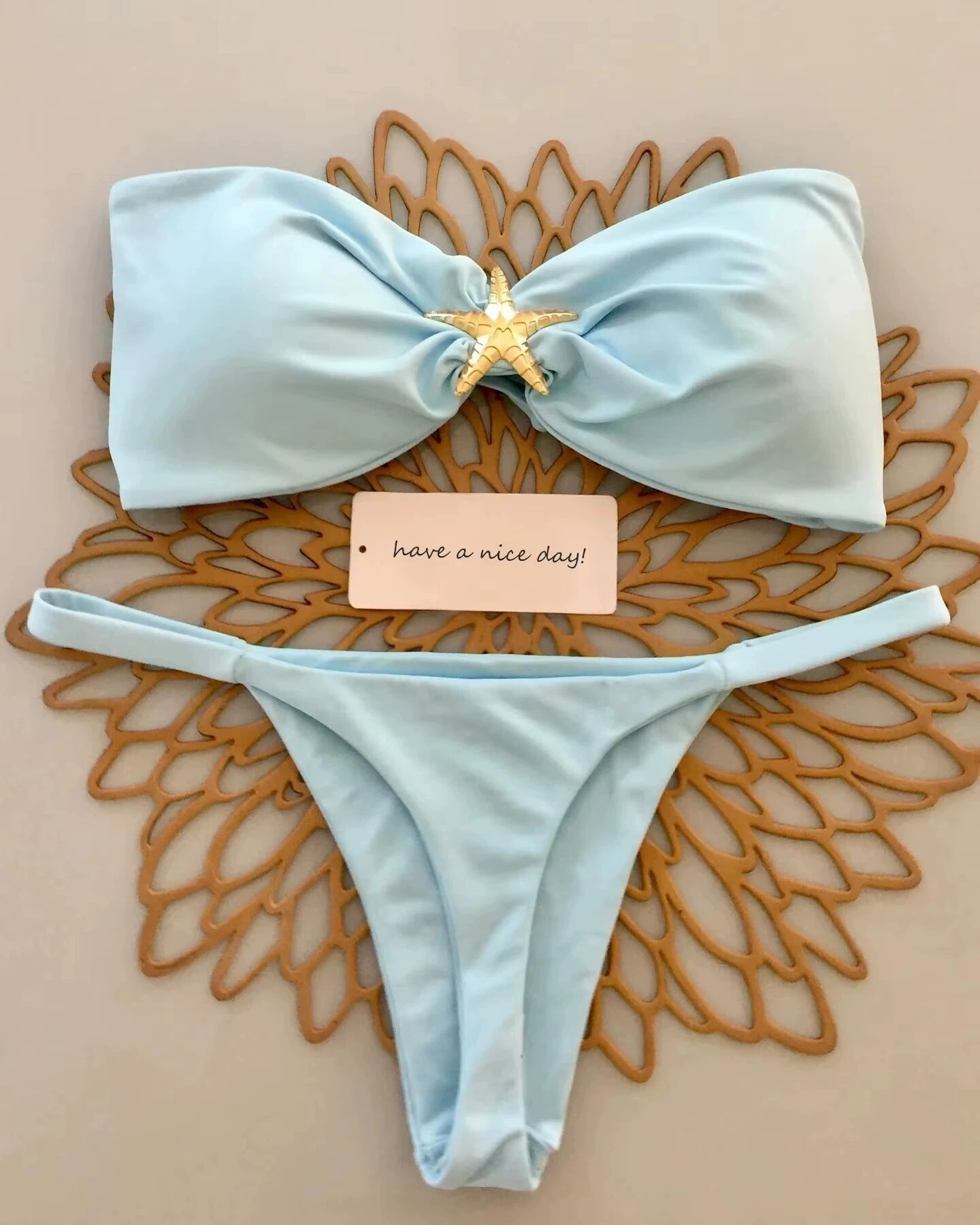 海星装饰抹胸比基尼欧美辣妹纯色丁字裤分体泳衣网红泳装bikini