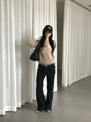 SJia【SAIDTOME】韩女穿搭设计感两粒扣单宁色显瘦直筒微喇牛仔裤