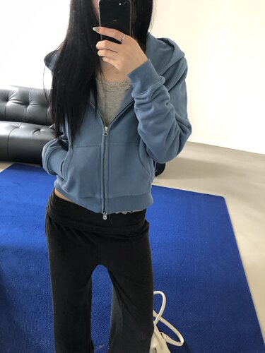SJia【SAIDTOME】韩女穿搭通勤气质水洗蓝连帽卫衣女修身显瘦上衣