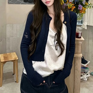 SJia【NOAGI】Gigi同款慵懒风藏青色毛边破洞羊毛针织开衫外套女