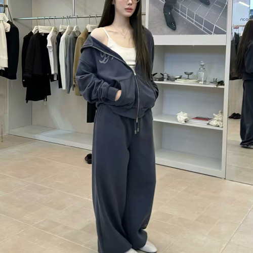 SJia 【NOAGI】韩系慵懒风休闲宽松印花连帽卫衣卫裤运动套装女秋