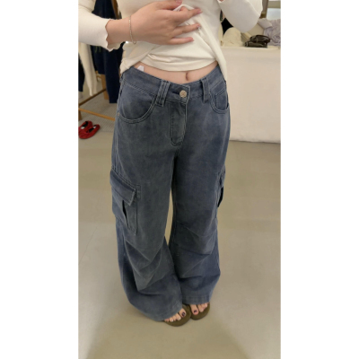 SJia【INLETTER】韩女穿搭复古水洗做旧藏青色牛仔阔腿裤工装裤女