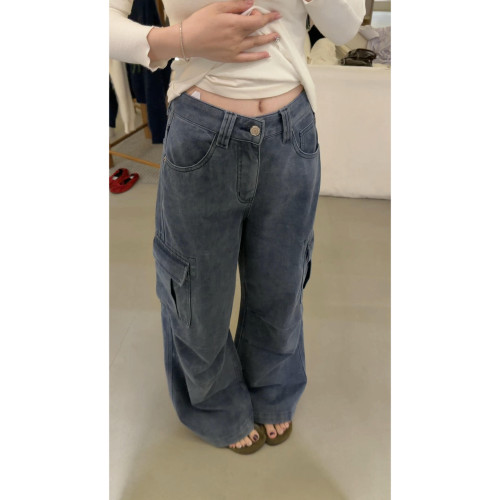 SJia【INLETTER】韩女穿搭复古水洗做旧藏青色牛仔阔腿裤工装裤女