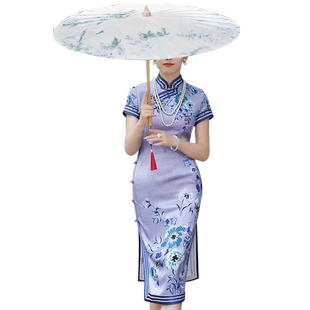 首玺全开襟旗袍印花醋酸缎苏式手工花扣复古中国风高端妈妈旗袍裙