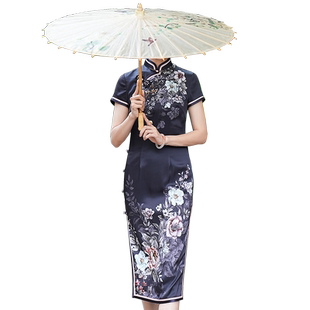 首玺改良旗袍年轻款醋酸气质全开襟印花日常暗色系手工旗袍连衣裙