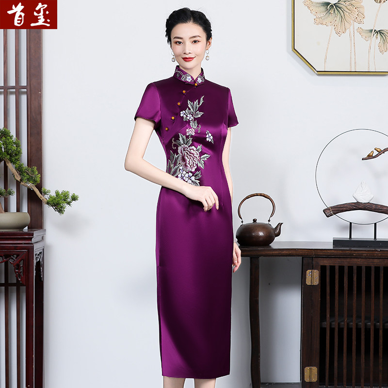 首玺旗袍妈妈装婚宴夏季新款醋酸桑蚕丝拼接绣花中款高级中式旗袍