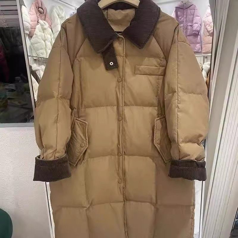 中长款羽绒服女2025年新款韩系拼接灯芯绒翻领面包服过膝冬季外套