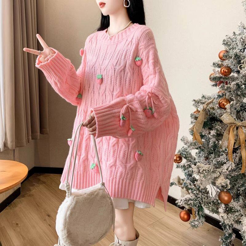 甜美草莓娃娃领毛衣女秋冬2025新款复古日系慵懒风宽松中长款上衣