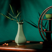 观复龙泉窑碧落四芳瓶陶瓷花器文房案头摆件家用花插礼盒摆件