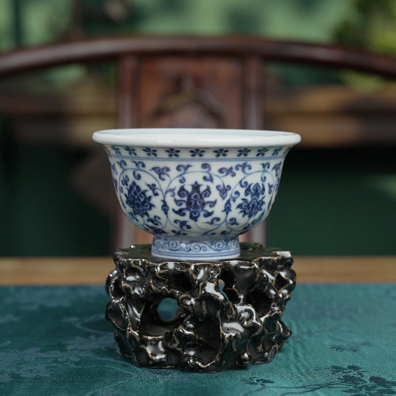 观复柴烧仿永乐手绘青花双狮缠枝莲纹压手杯茶杯主人杯景德镇古窑