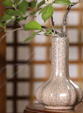 观复传世哥窑直颈瓶金丝铁线 手工高档赏瓶陶瓷花插文房博古雅