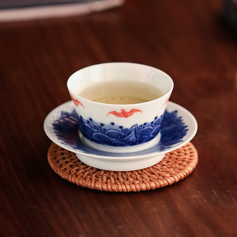 观复手作手绘青花薄胎福山寿海主人杯景德镇送礼佳品托盏功夫茶杯