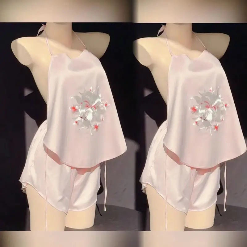 冰丝吊带性感短裤睡衣女套装夏绑带肚兜宫廷刺绣情趣双层家居服