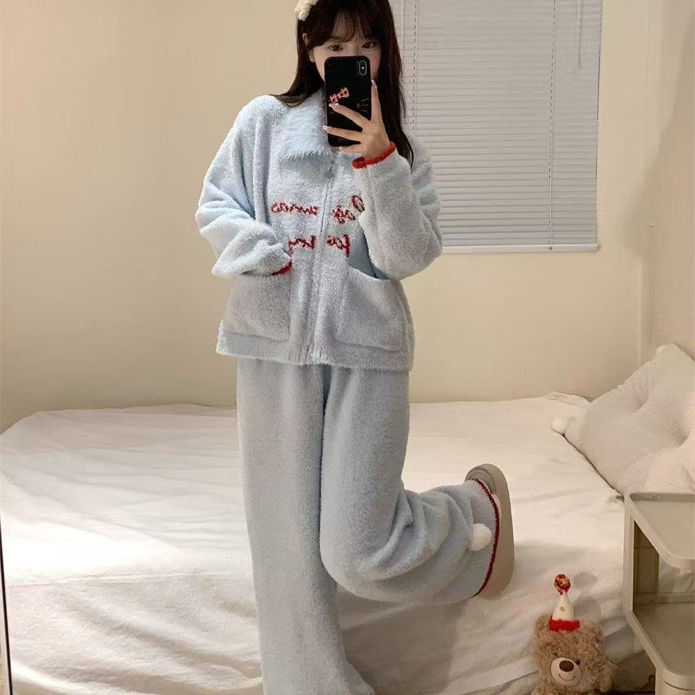 睡衣女款秋冬季仿半边绒加厚大码