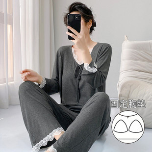 莫代尔睡衣女长袖双裤袋秋季新款带胸垫甜美长袖甜美家居服可外穿