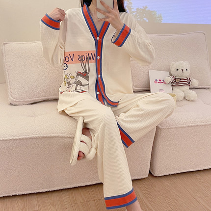华夫格女士睡衣春秋季V领开衫卡通流氓兔休闲长袖长裤家居服套装