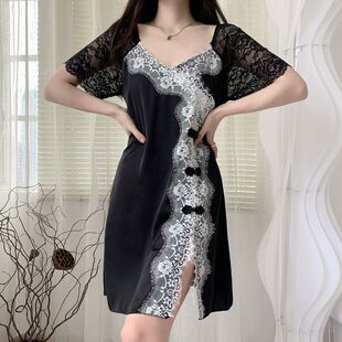 睡衣女春夏季薄款睡裙蕾丝短袖花边旗袍改良高级感丝缎性感家居服