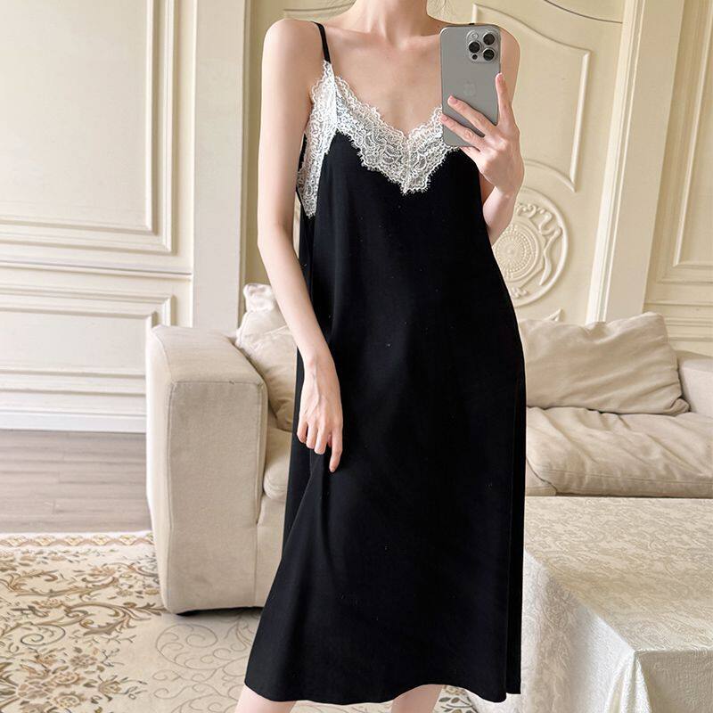 2026夏季吊带莫代尔棉女士睡裙肩带可调节甜美蕾丝温柔长裙睡衣裙