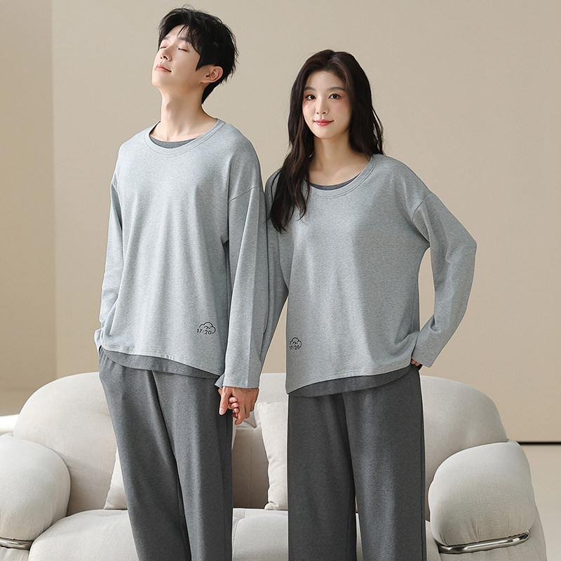 2026春秋季新款纯棉圆领套头睡衣男女情侣家居服套装休闲风可外穿