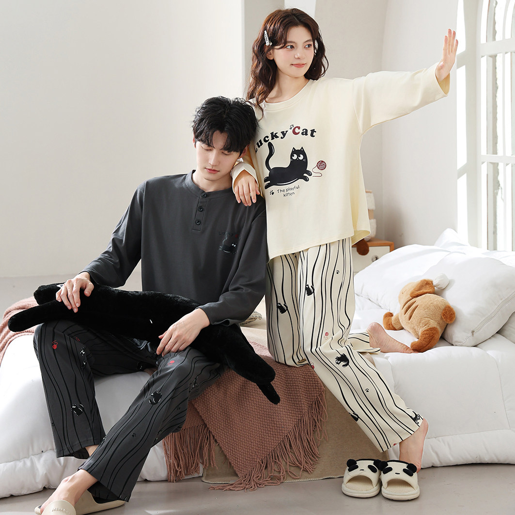 2026新款长袖长裤套头情侣睡衣女秋季休闲简约舒适拉架仿棉家居服