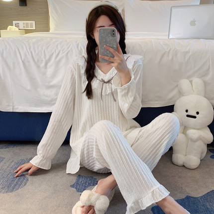 V领花边甜美公主风家居服春秋季纯棉长袖睡衣女家居服套装可外穿