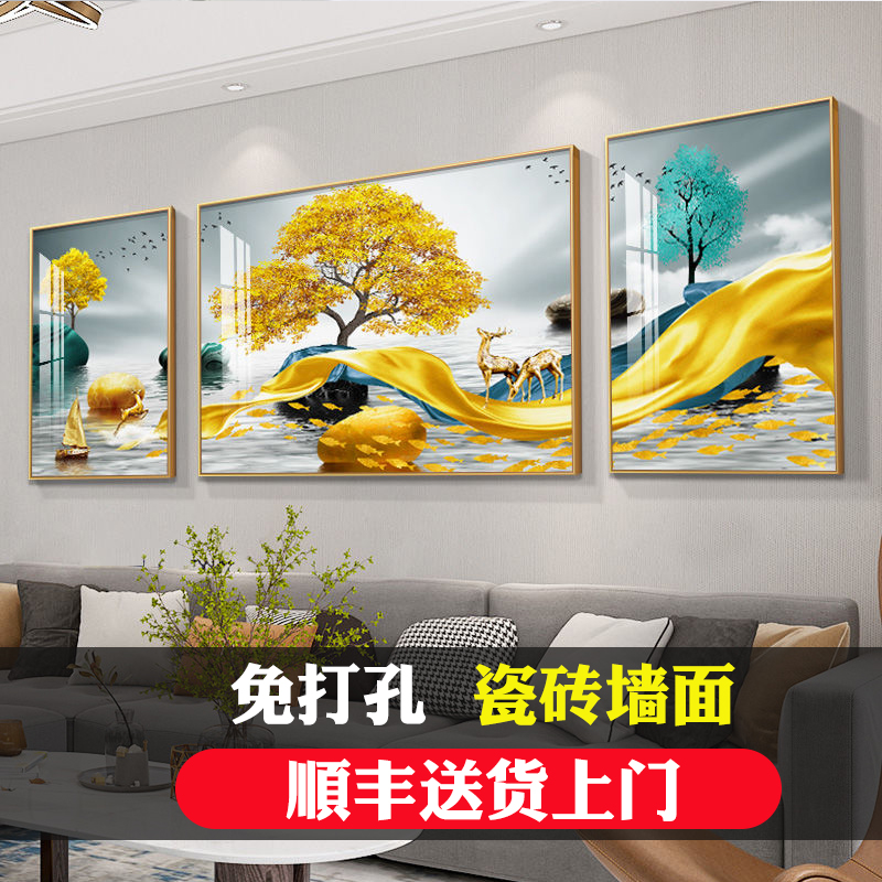 轻奢客厅装饰画沙发背景墙挂画大气现代简约鹿晶瓷定制壁画图片