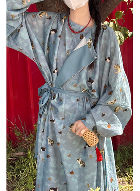 诗野原创汉服【猫猫】唐制圆领袍印花大放量春秋款复原蓝色灯笼裤