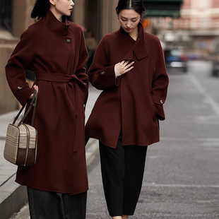 安可拉红立领羊绒呢大衣女高端系带高级感双面羊毛赫本风毛呢外套