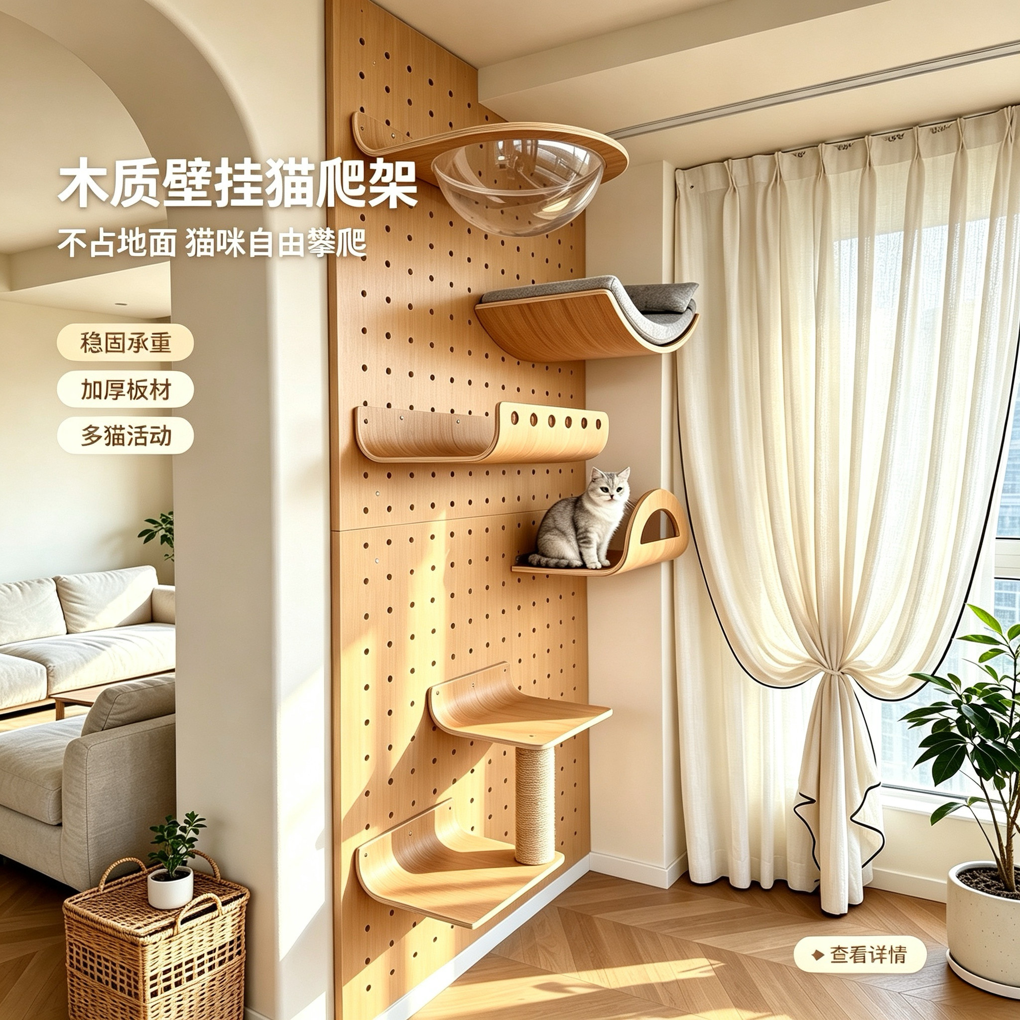 实木免打孔壁挂洞洞板猫爬架
