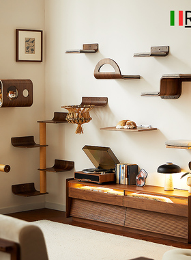 RTT黑胡桃实木猫爬架猫窝一体墙壁式上墙不占地实木猫抓柱猫跳台