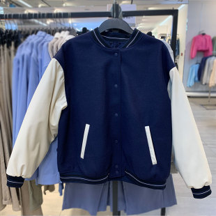 H家自制棒球服外套女复古宽松bf春季深蓝色飞行员夹克立领1146484