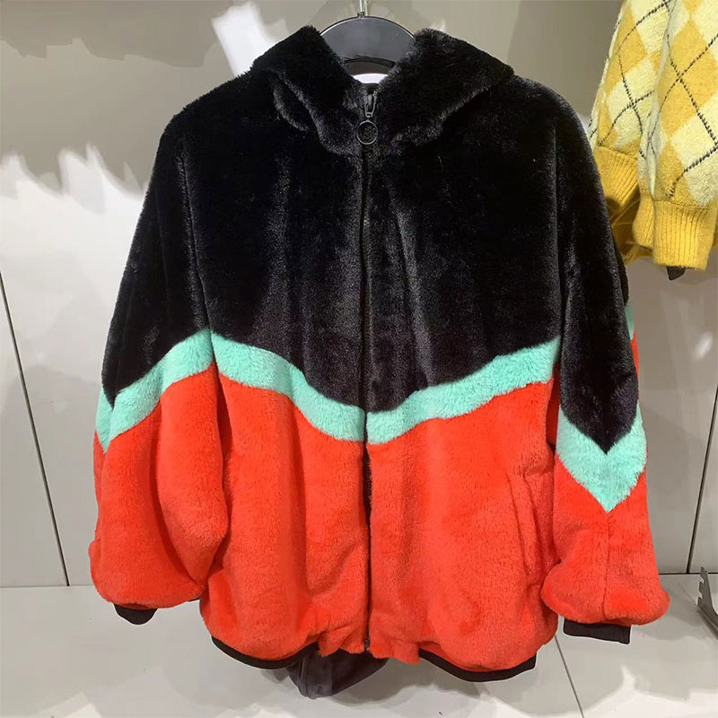 学生仿兔毛大廓型撞色外套女宽松