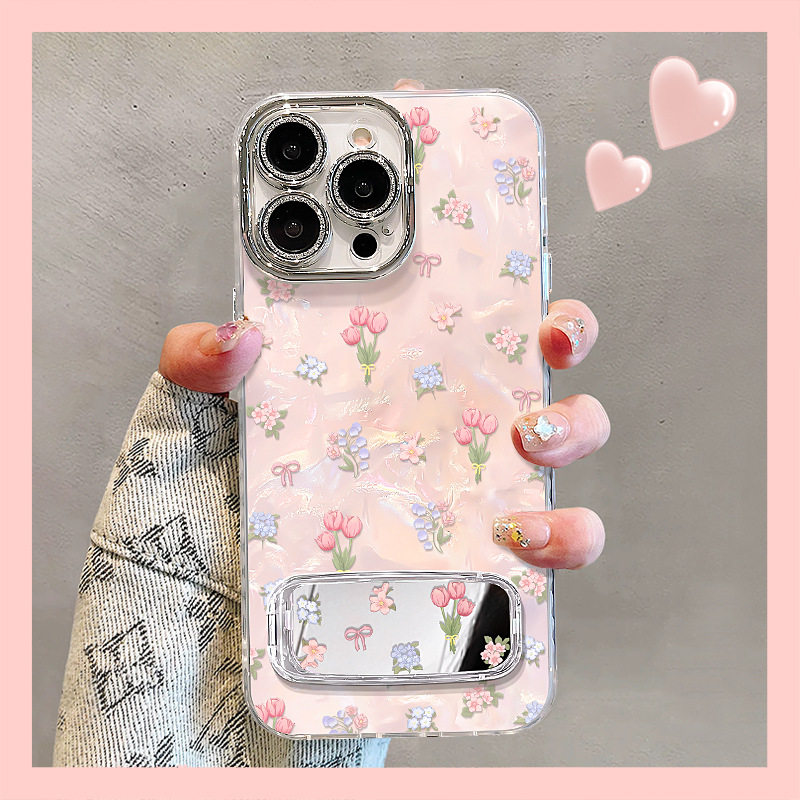 郁金香蝴蝶结镜子支架镜头膜高级感适用苹果17promax手机壳iPhone16plus保护套2026新款14小清新13全包12女15