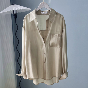 天丝防晒衬衫女2024夏天新品薄款稍透衬衣外套口袋刺绣设计不扎肉